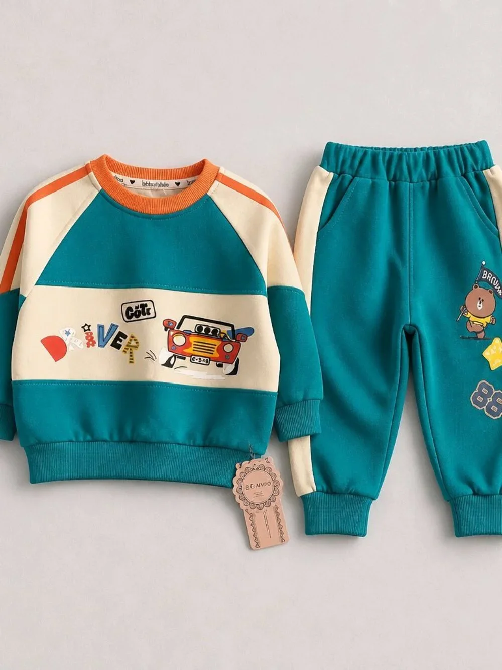 Adorable Teal Boys Long Sleeve Bear Car Cotton Outfit